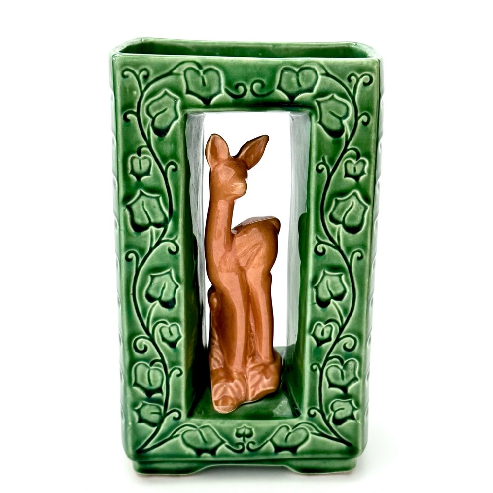 ❌1950's Vintage Shawnee USA Green Fawn  Shadow Box Double Block Vase #850 - 9”